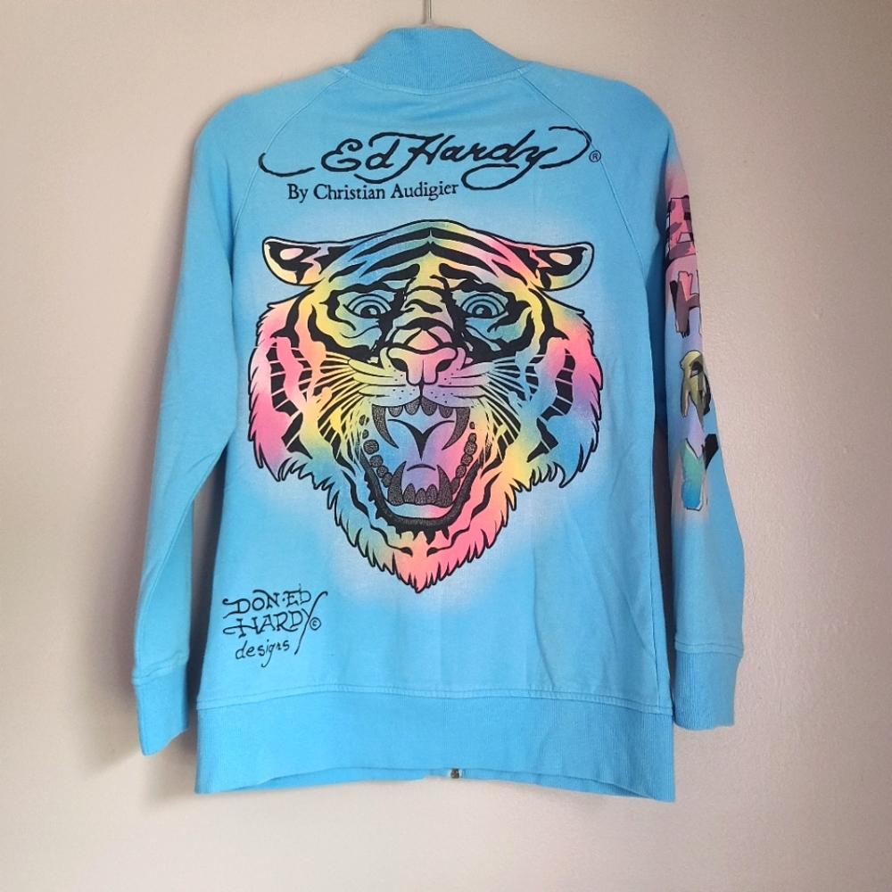 NWT Ed Hardy Blue Zip Up Colorful Neon Tiger Graphic Sweater Jacket Sz L